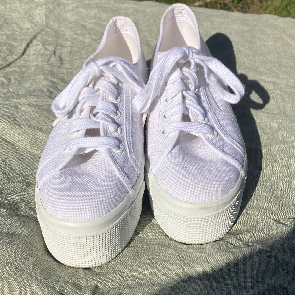 Superga 2790 White Canvas Platform Sneakers - Women's Lace-Up